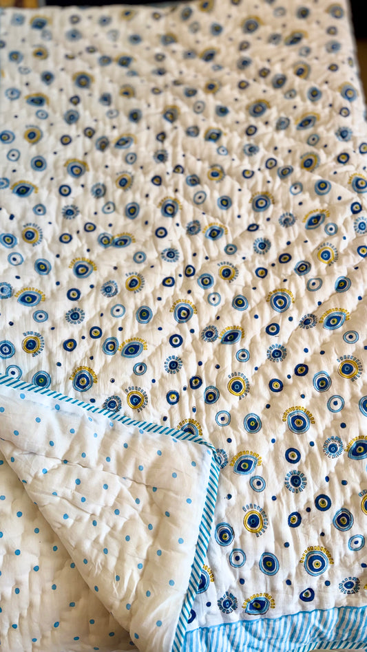 Evil eye Handblock Print Mul Mul Cotton Quilt