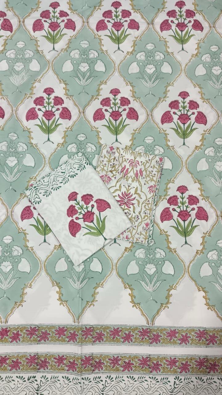Green Mughal Floral Jaal Handblock Printed Cotton Bedsheet