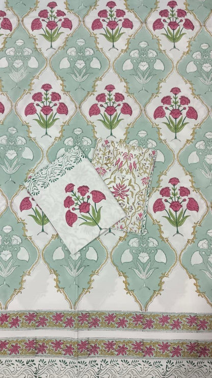Green Mughal Floral Jaal Handblock Printed Cotton Bedsheet