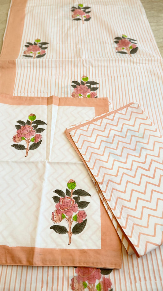 Peach Blossom Handblock Printed Cotton Bedsheet