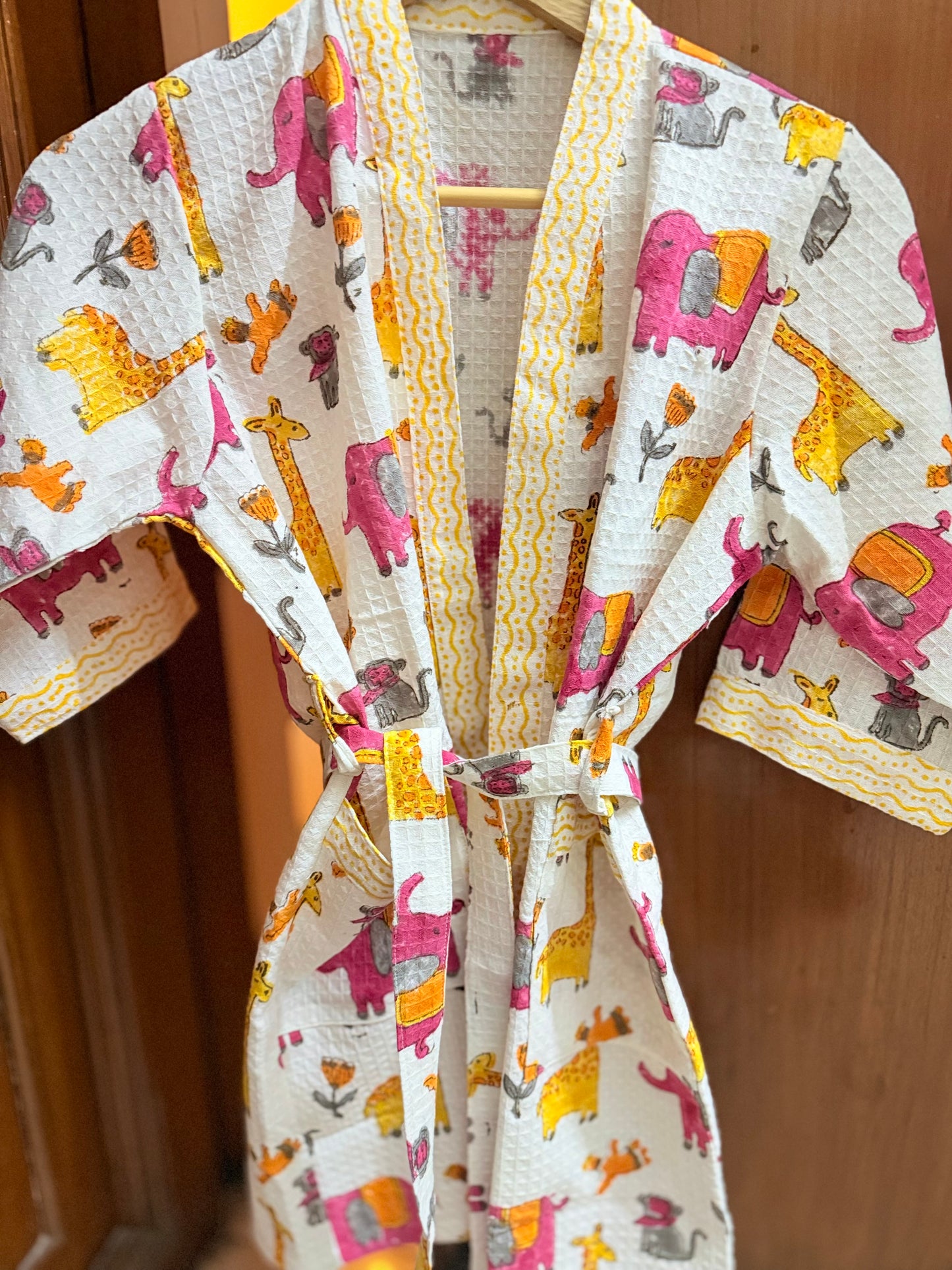 Kids Bathrobe Pink Yellow Jungle Design