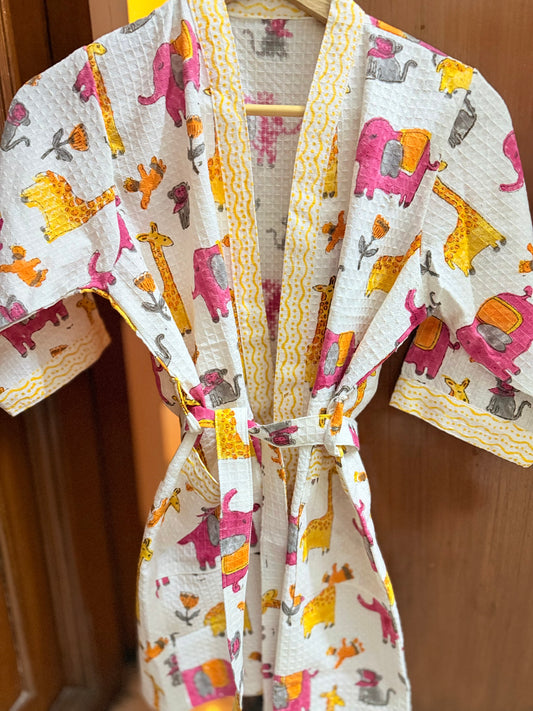Kids Bathrobe Pink Yellow Jungle Design
