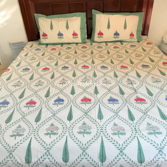 Green Trellis Garden Handblock Printed Cotton Bedsheet