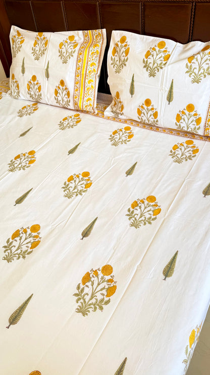 Yellow Bloom Handblock Printed Cotton Bedsheet