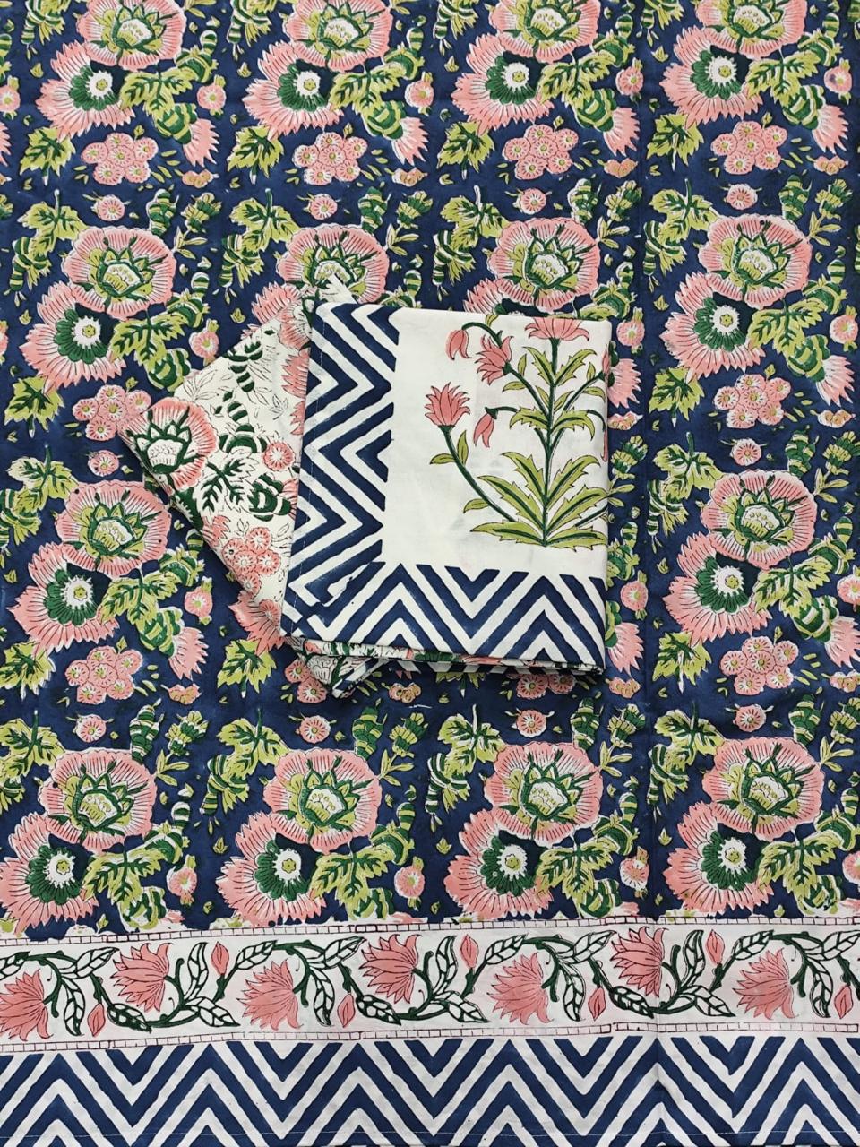 Indigo Blossom Garden Handblock Printed Cotton Bedsheet