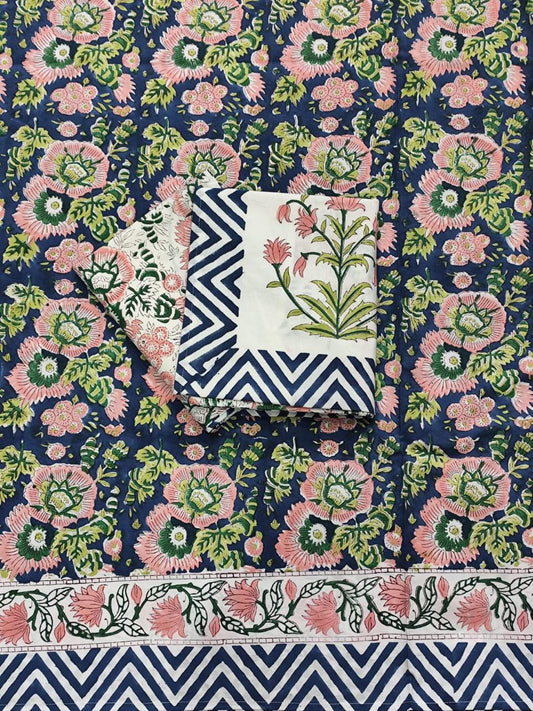 Indigo Blossom Garden Handblock Printed Cotton Bedsheet