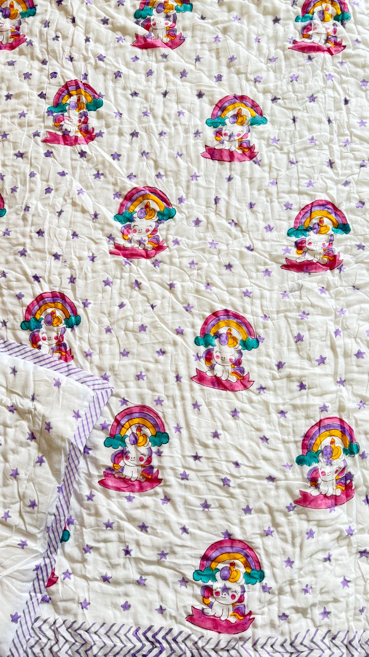 Unicorn stars- Handblock Print Mul Mul cotton Quilt