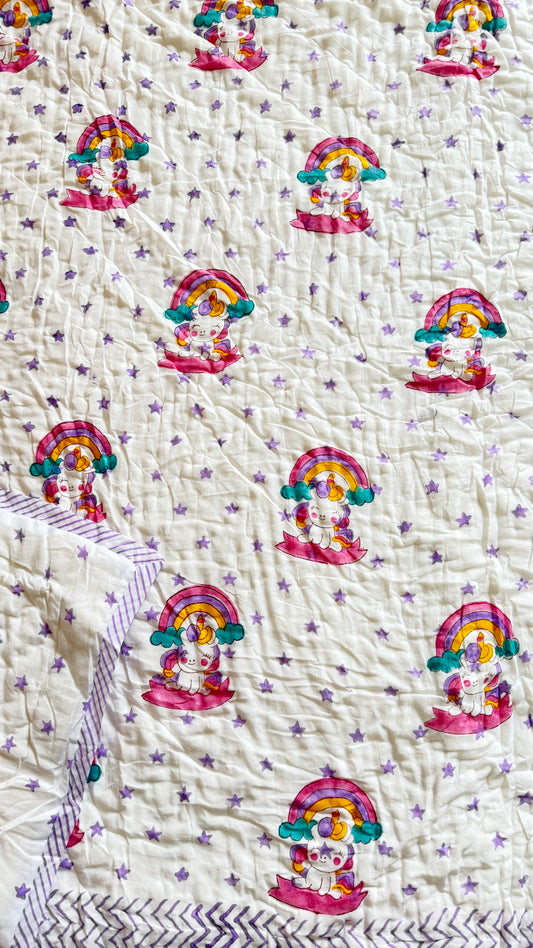 Unicorn stars- Handblock Print Mul Mul cotton Quilt