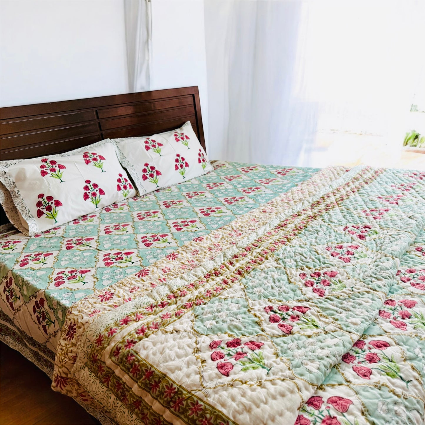 Green Mughal floral jaal Mul Mul Cotton Handblock Printed Quilt