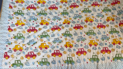 Tiny Wheels Wonderland – Handblock Print Mul Mul Cotton Quilt