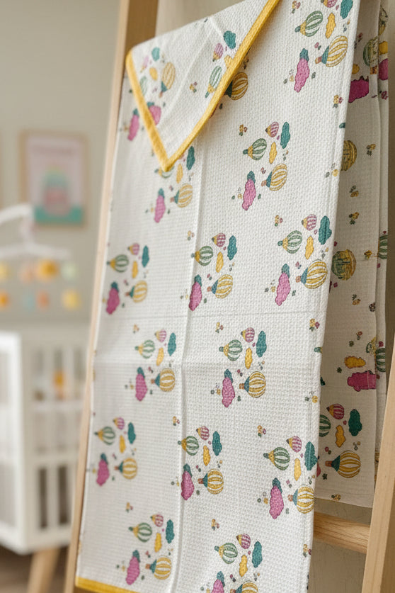 Kids Yellow Pink Balloon Adventures Towel