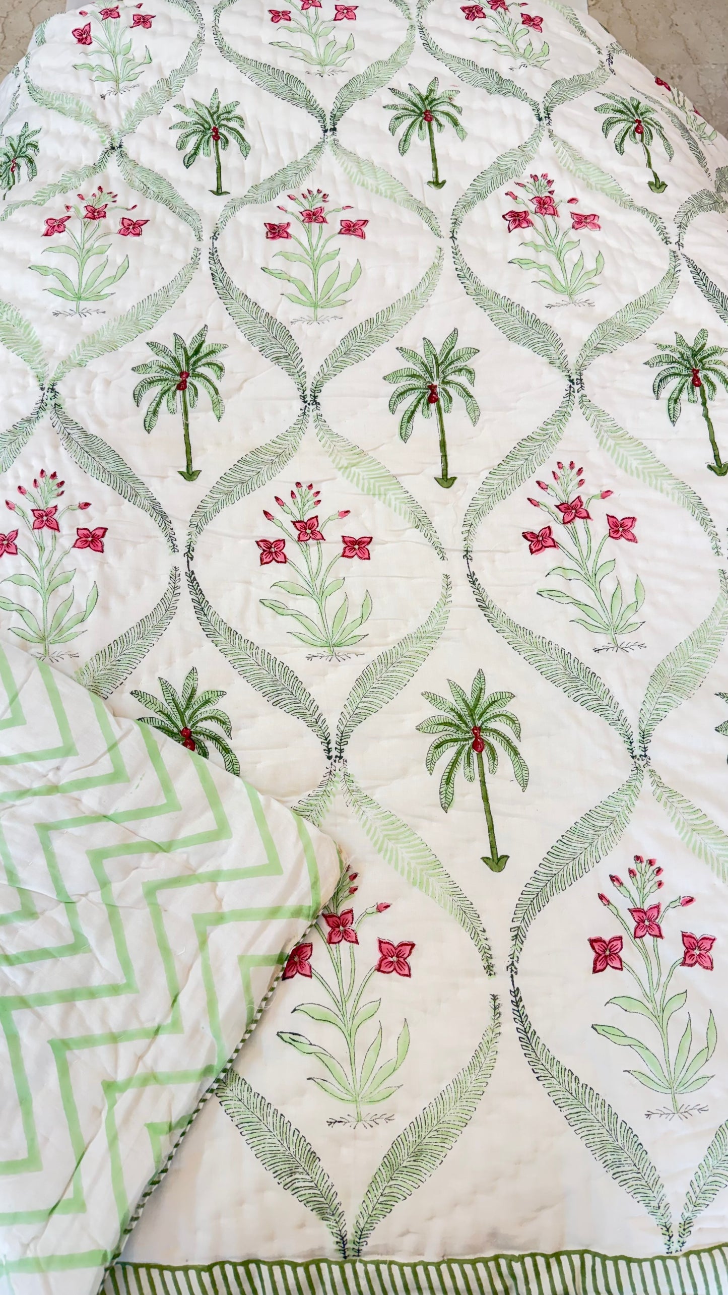 Tropical Palm Grove Mul Mul Cotton Handblock Printed Quilt