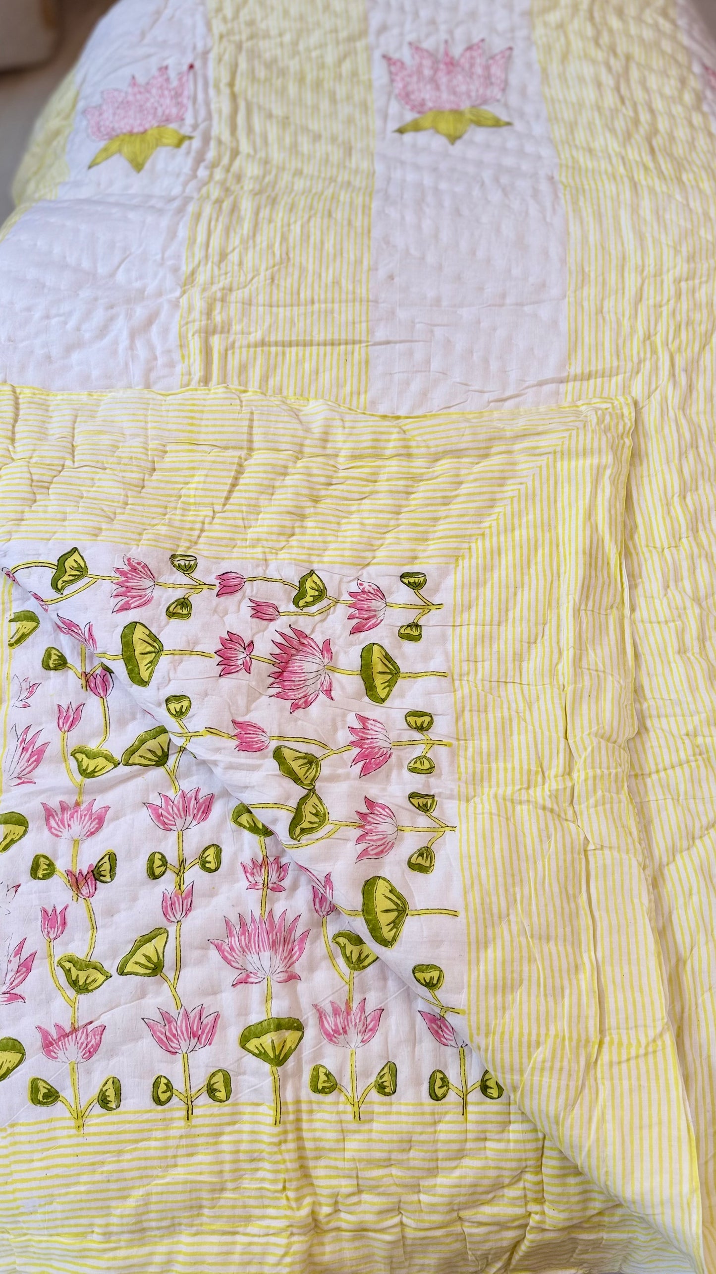 Pink Lotus Serenade Mul Mul Cotton Handblock Printed Quilt