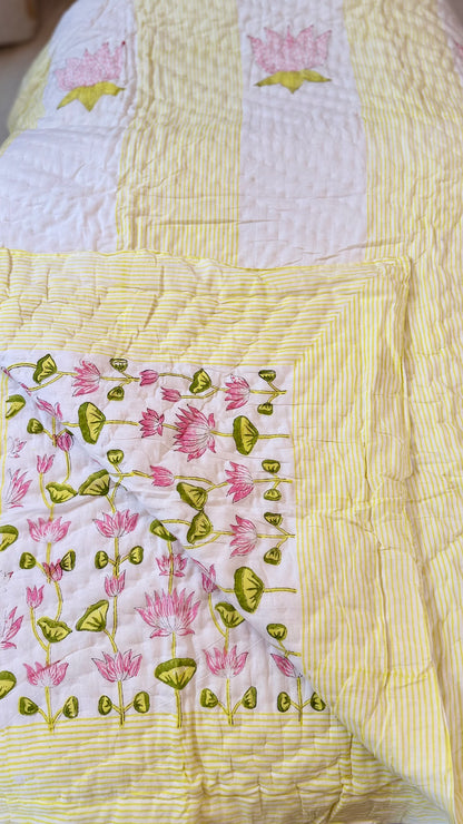 Pink Lotus Serenade Mul Mul Cotton Handblock Printed Quilt