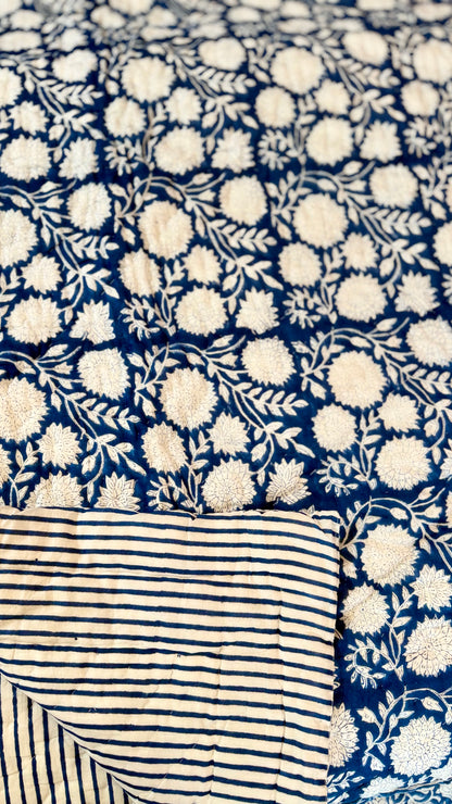 Midnight Indigo Flora Mul Mul Cotton Handblock Printed Quilt