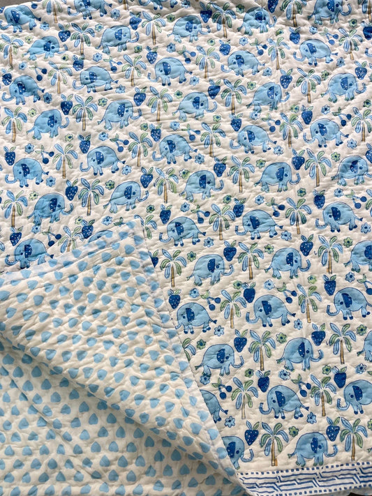 Blue Elephant – Handblock Print Mul Mul Cotton Quilt