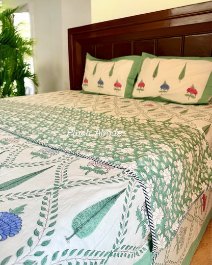 Green trellis garden Mul Mul Cotton Handblock Printed Dohar