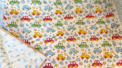 Tiny Wheels Wonderland – Handblock Print Mul Mul Cotton Quilt