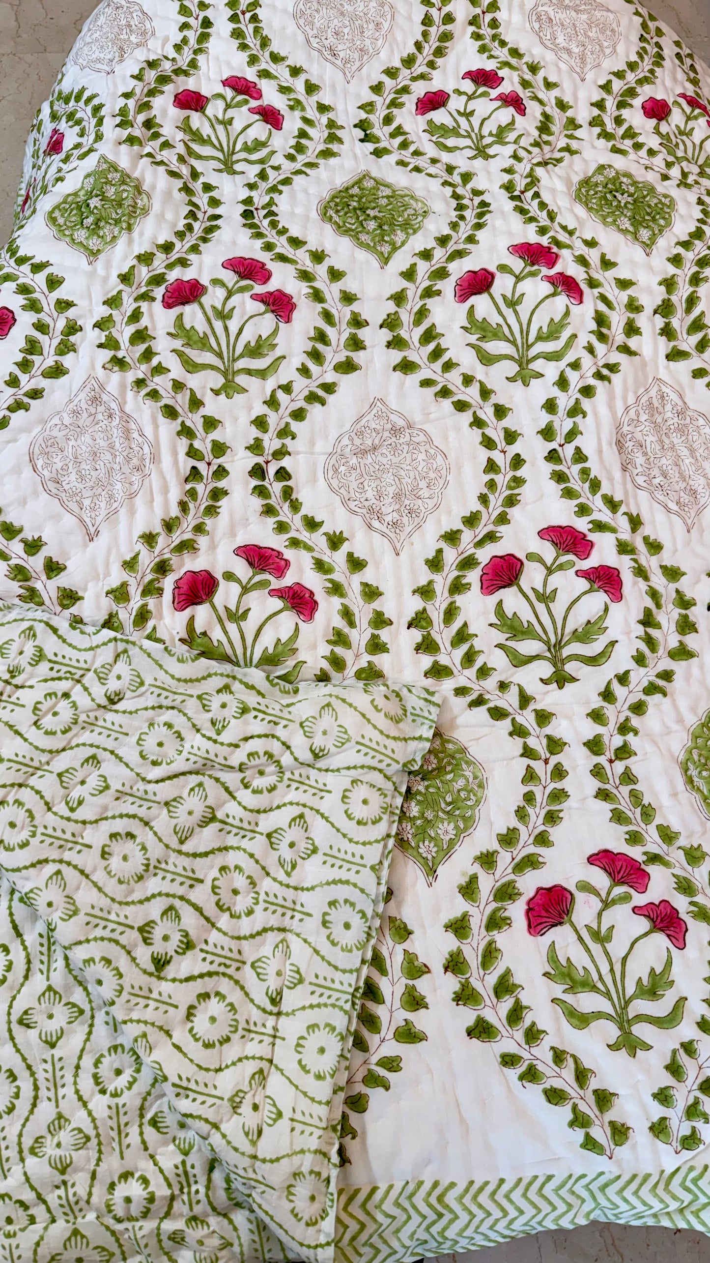 Rose Vine Heritage Mul Mul Cotton Handblock Printed Quilt