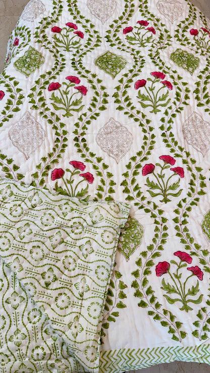 Rose Vine Heritage Mul Mul Cotton Handblock Printed Quilt
