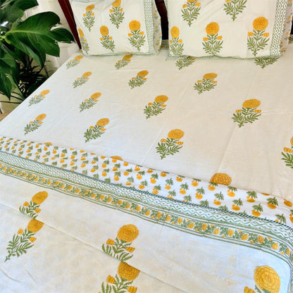 Yellow marigold Garden Mul Mul Cotton Handblock Printed Dohar