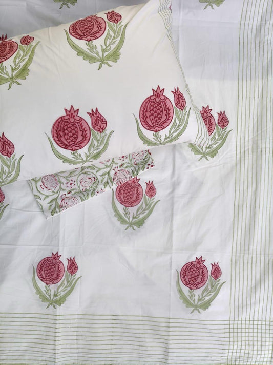 Ruby Pomegranate Bloom Handblock Printed Cotton Bedsheet