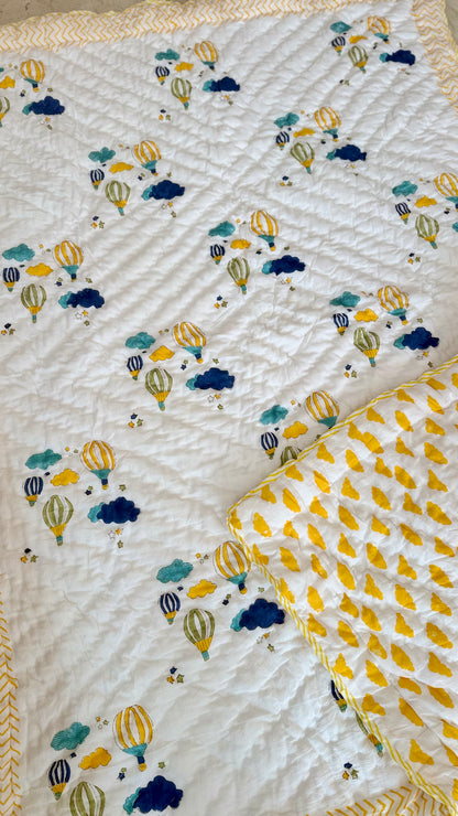 Blue Balloon Adventures- Handblock Print Mul Mul cotton Quilt