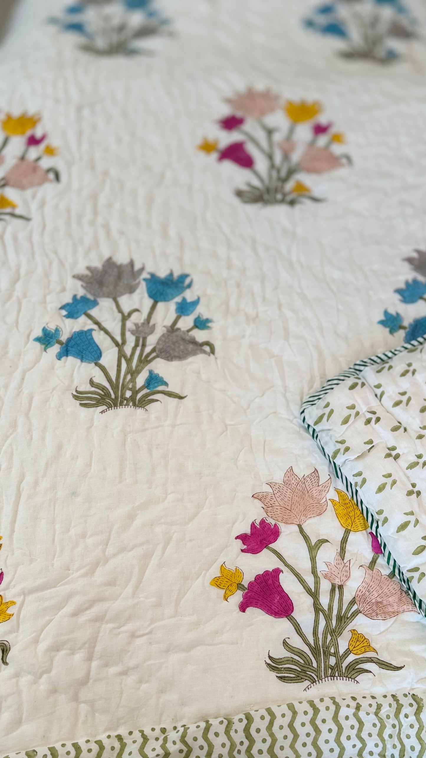 Royal Lotus Bloom Handblock Print Mul Mul Cotton Quilt