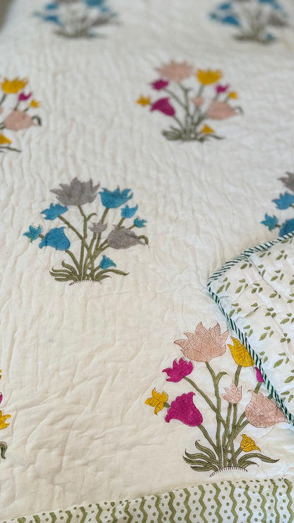 Royal Lotus Bloom Handblock Print Mul Mul Cotton Quilt