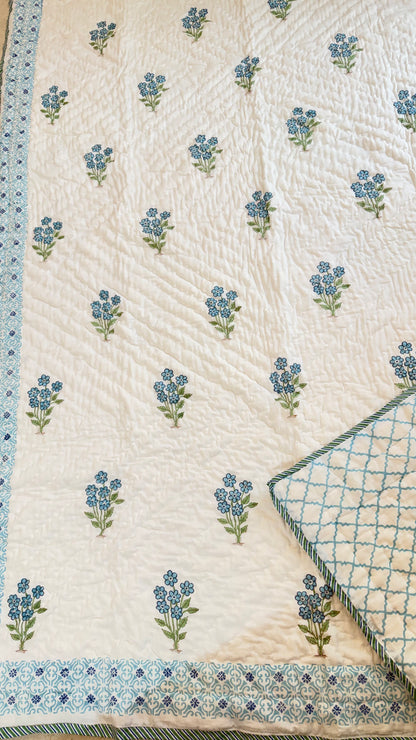 Bluebell Breeze Mul Mul Cotton Handblock Printed Quilt
