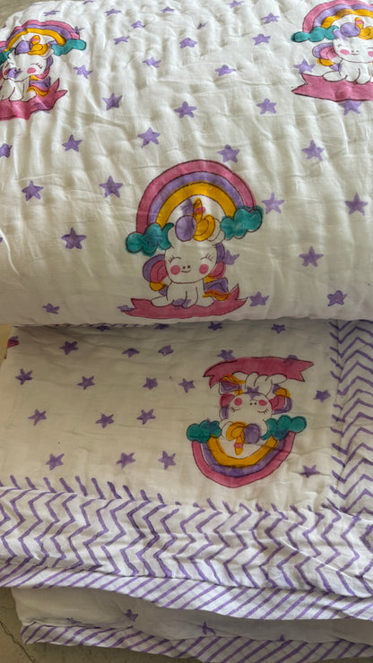 Unicorn stars- Handblock Print Mul Mul cotton Quilt