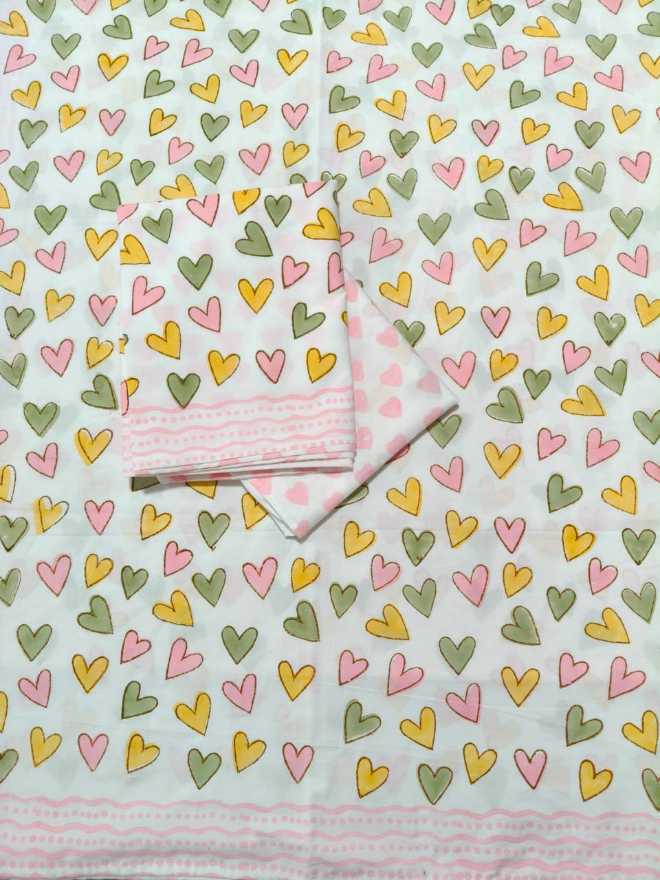Pastel hearts Handblock Printed Cotton Bedsheet