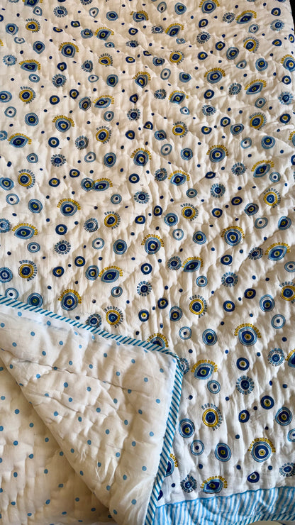 Evil eye Handblock Print Mul Mul Cotton Quilt
