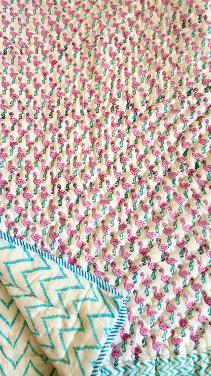 Flamingo Bliss Handblock Print Mul Mul Cotton Quilt