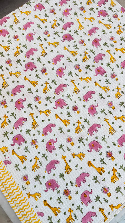 Kids Pink Yellow Giraffe & elephant Towel