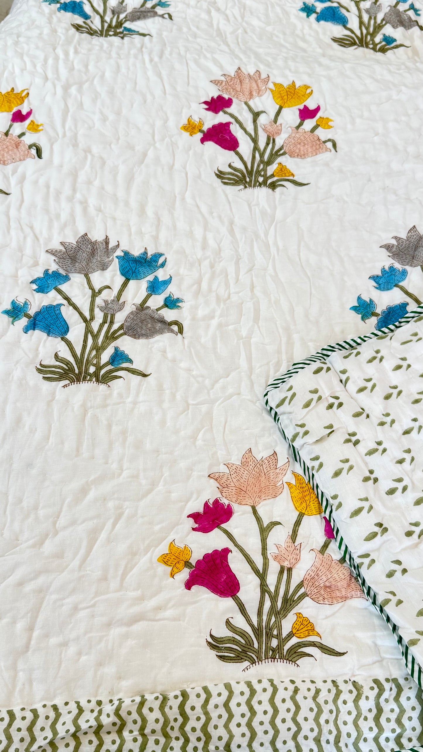 Royal Lotus Bloom Handblock Print Mul Mul Cotton Quilt