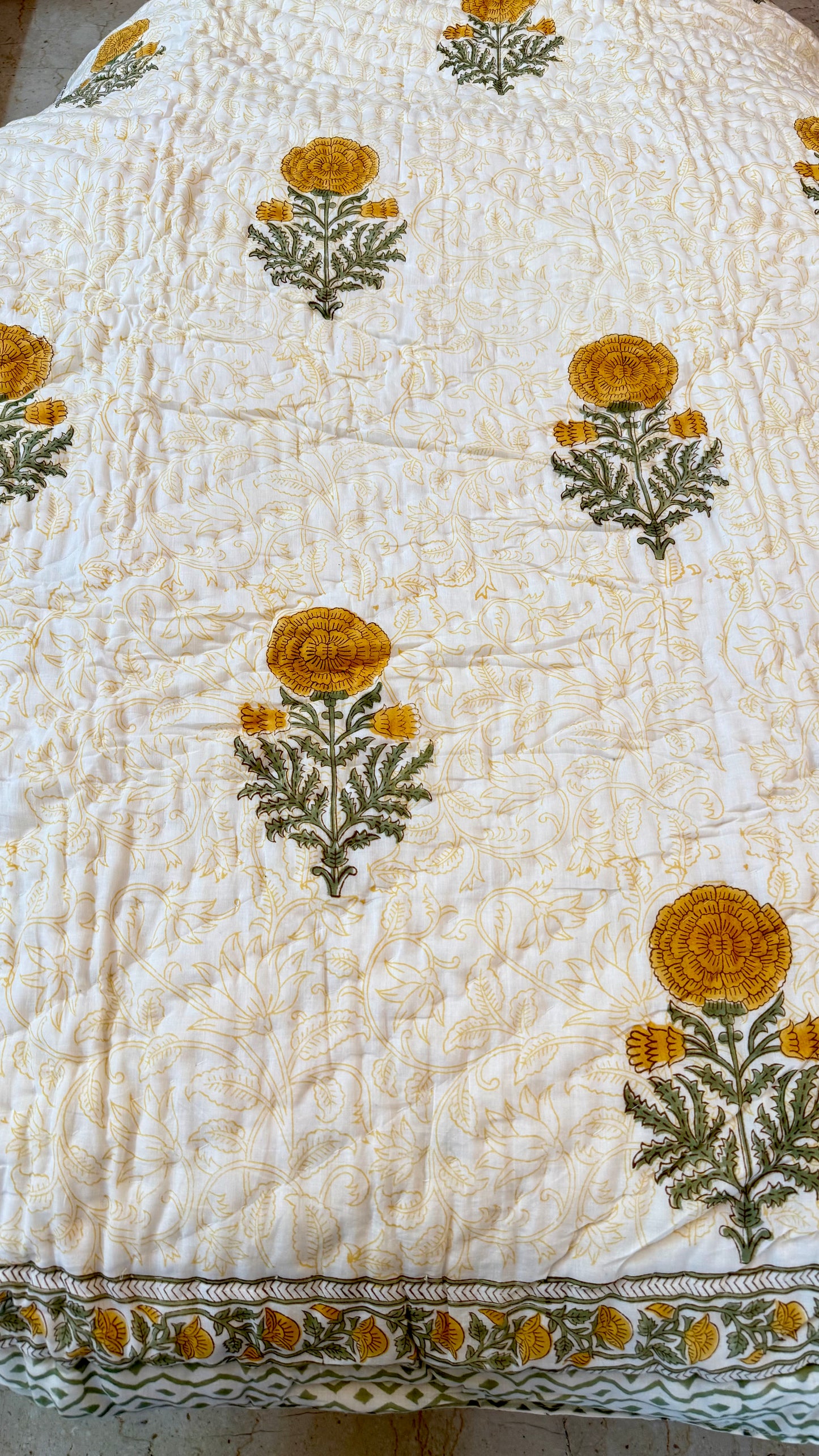 Sunlit Marigold Mul Mul Cotton Handblock Printed Quilt
