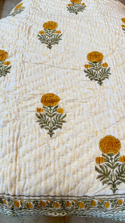 Sunlit Marigold Mul Mul Cotton Handblock Printed Quilt