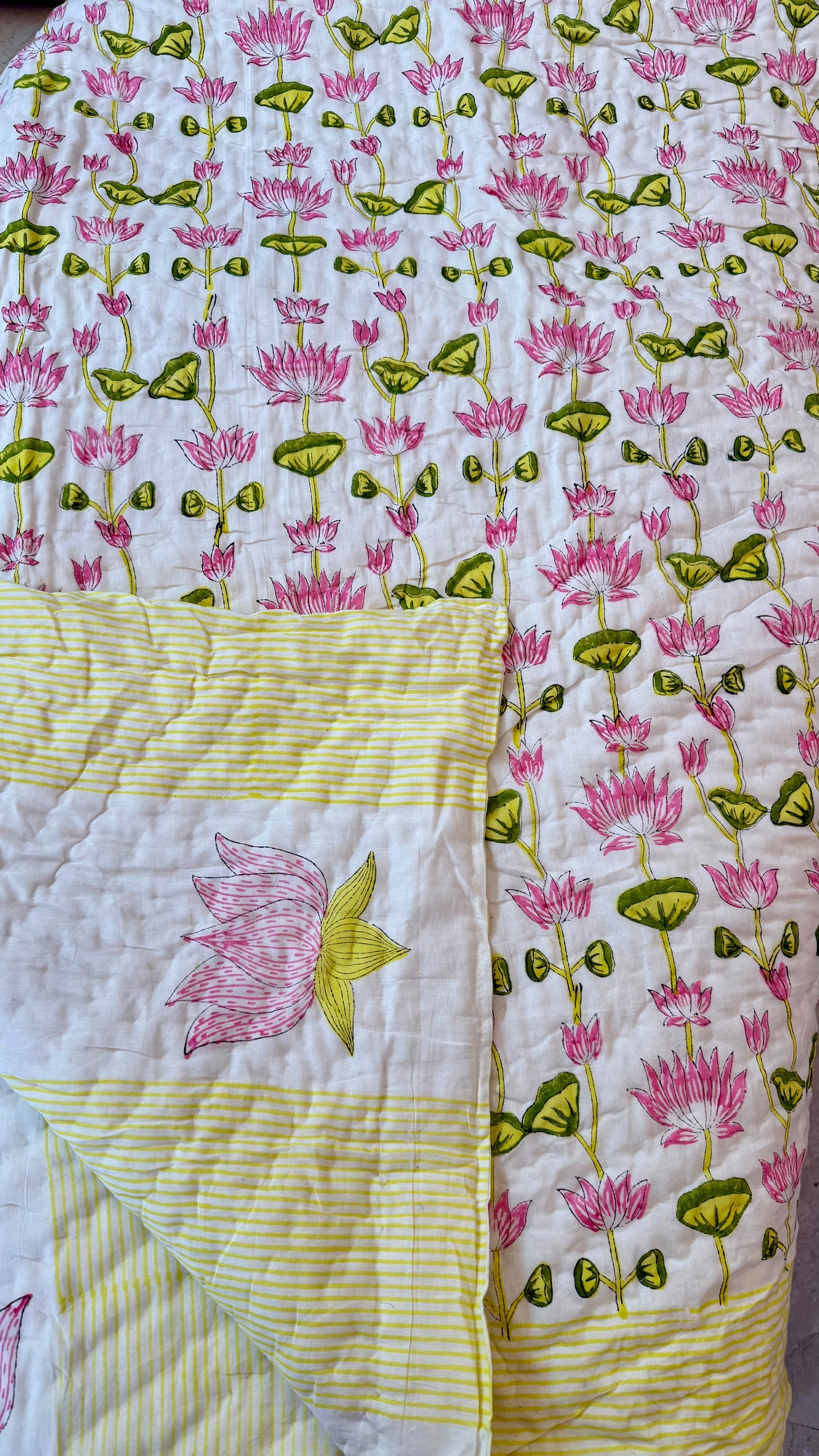Pink Lotus Serenade Mul Mul Cotton Handblock Printed Quilt