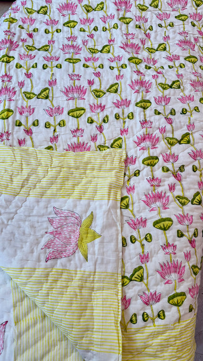 Pink Lotus Serenade Mul Mul Cotton Handblock Printed Quilt