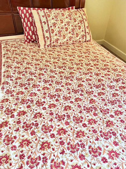 Surkh Phool Jaal Handblock Printed Cotton Bedsheet