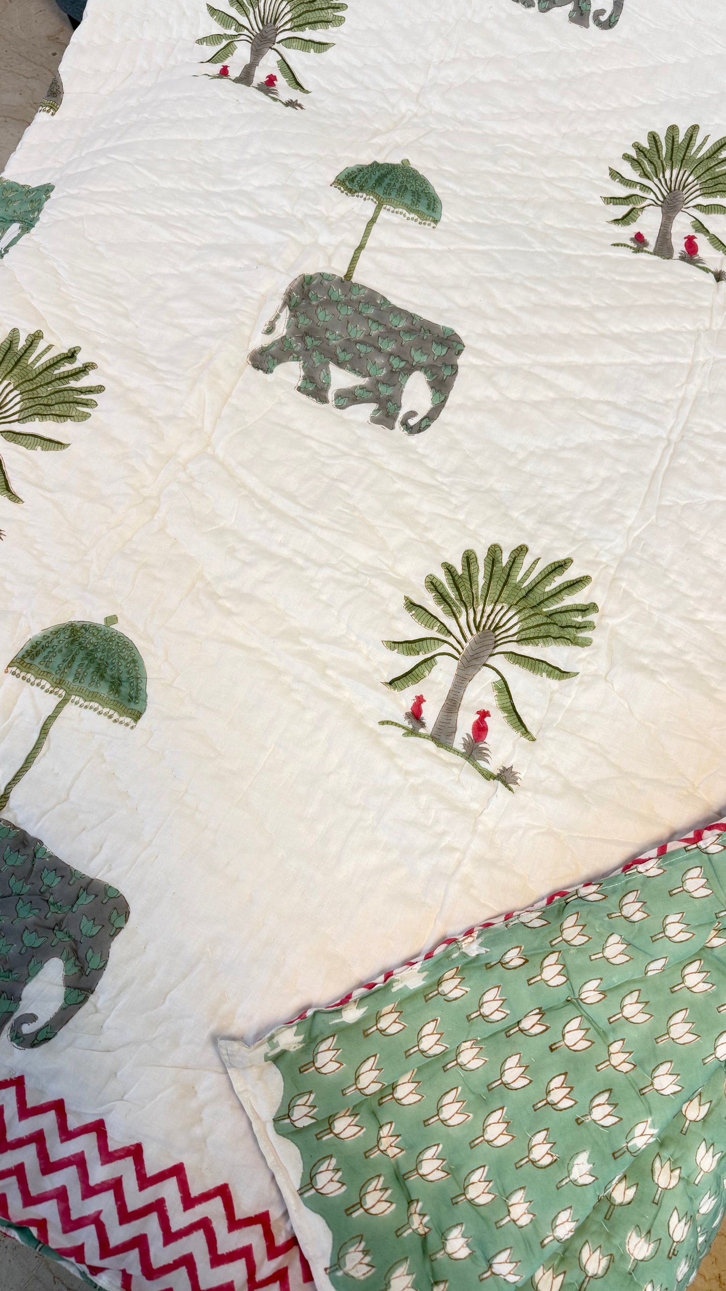 Elephant Garden Mul Mul Cotton Handblock Printed Quilt