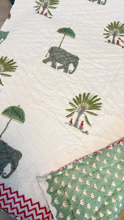 Elephant Garden Mul Mul Cotton Handblock Printed Quilt