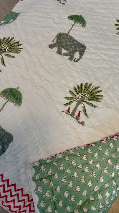 Elephant Garden Mul Mul Cotton Handblock Printed Quilt