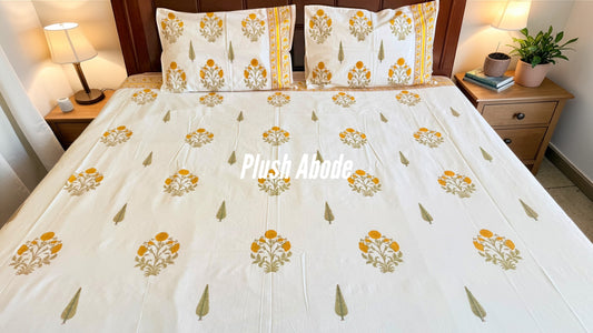 Yellow Bloom Handblock Printed Cotton Bedsheet