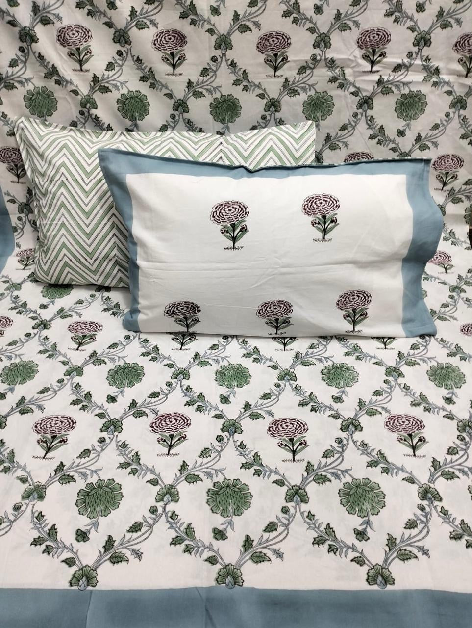 Green Blossom Handblock Printed Bedsheet