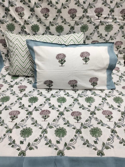 Green Blossom Handblock Printed Bedsheet