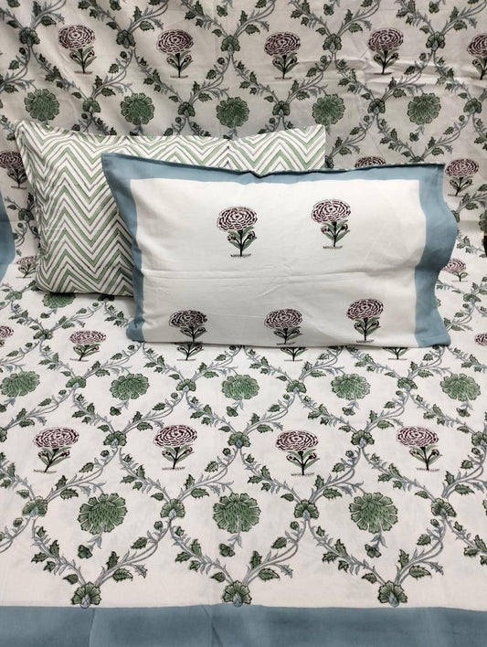 Green Blossom Handblock Printed Bedsheet
