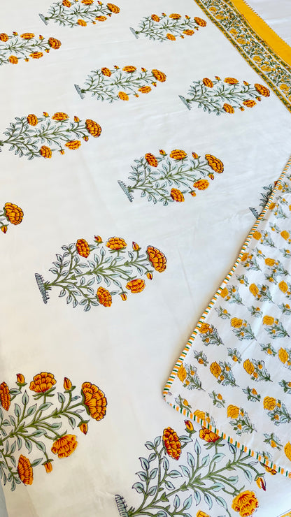 Saffron Bloom Handblock Print Mul Mul Cotton Dohar