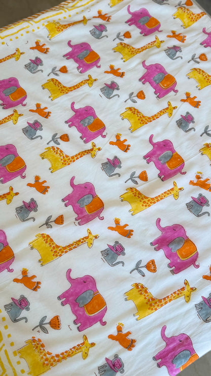 Pink yellow jungle – Handblock Print Mul Mul Cotton Dohar